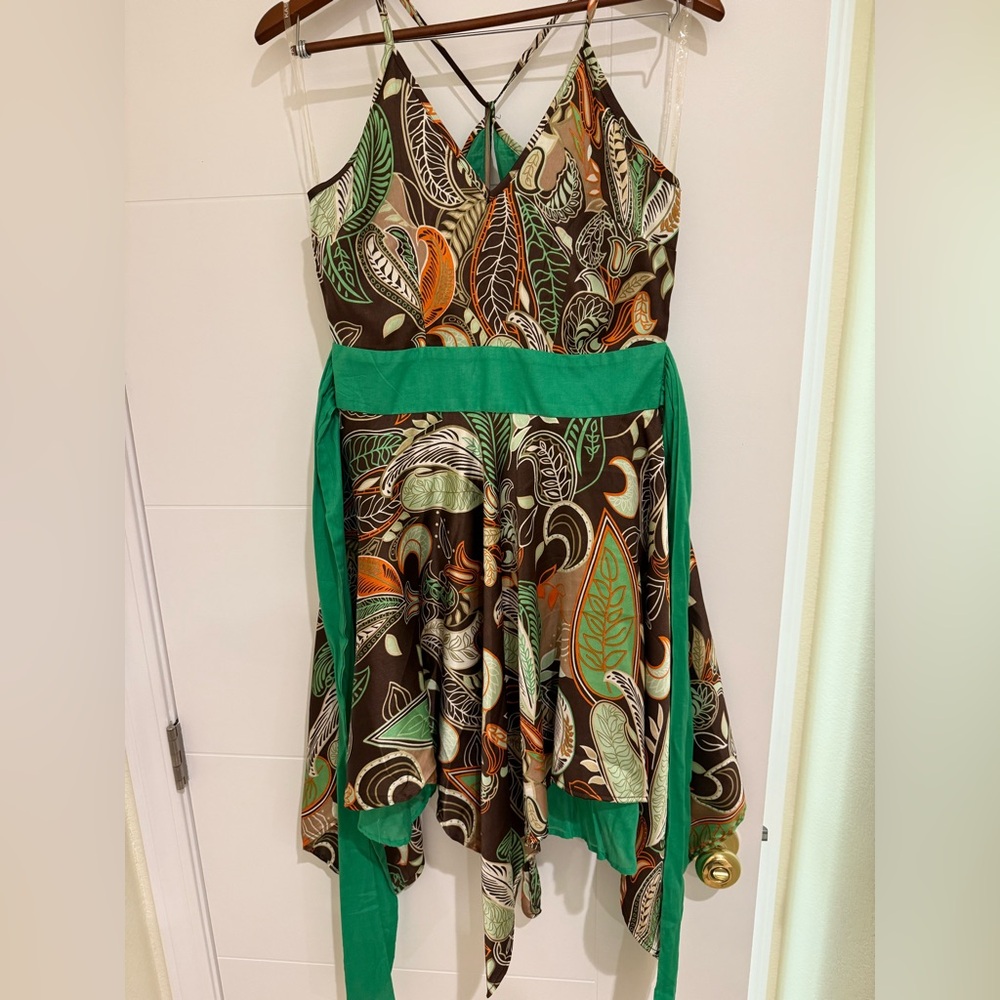 Desigual Asymmetrical Dress with Green and Brown Leaf Patterns